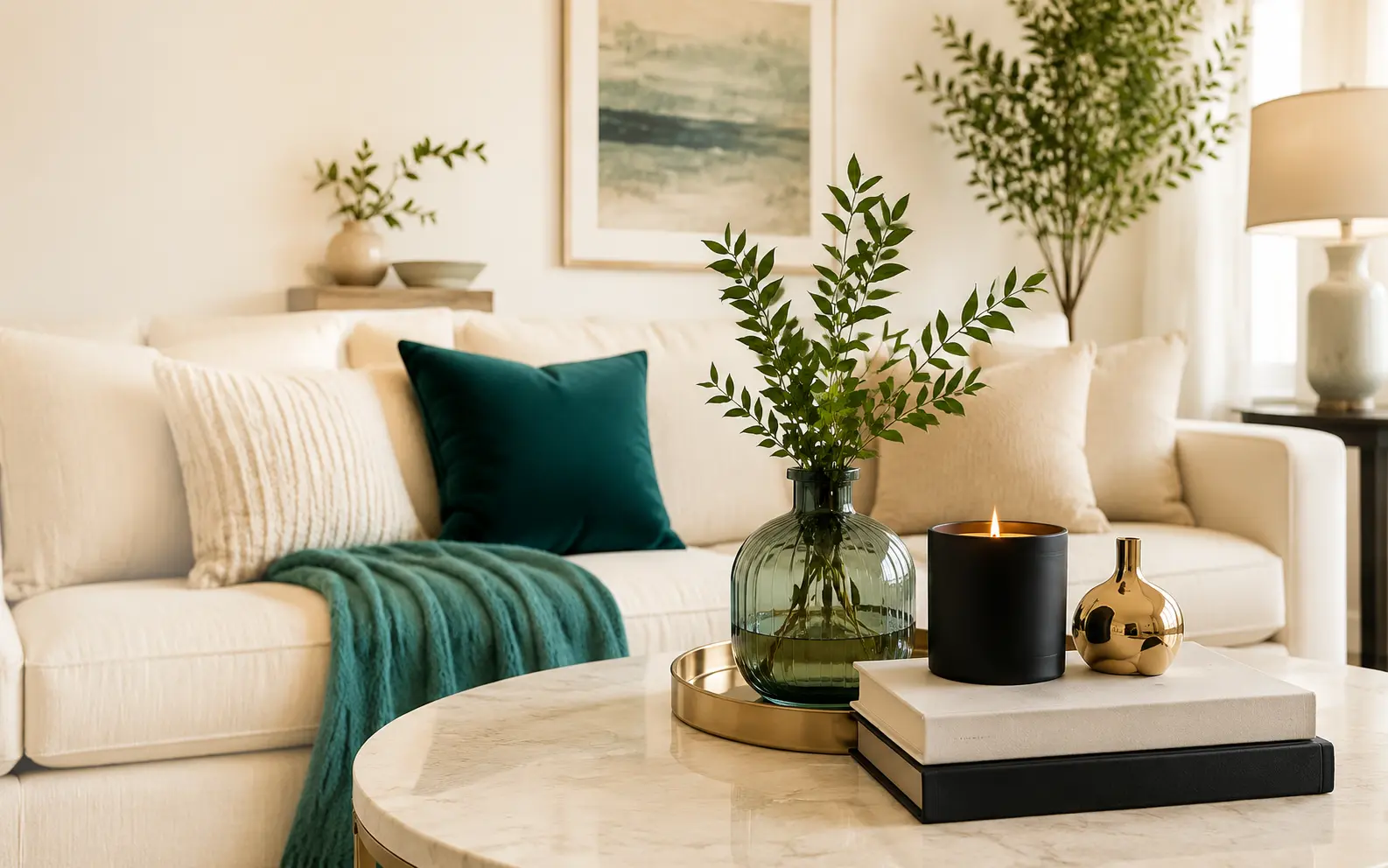 Bright cream living room with deep teal accents and fresh greenery