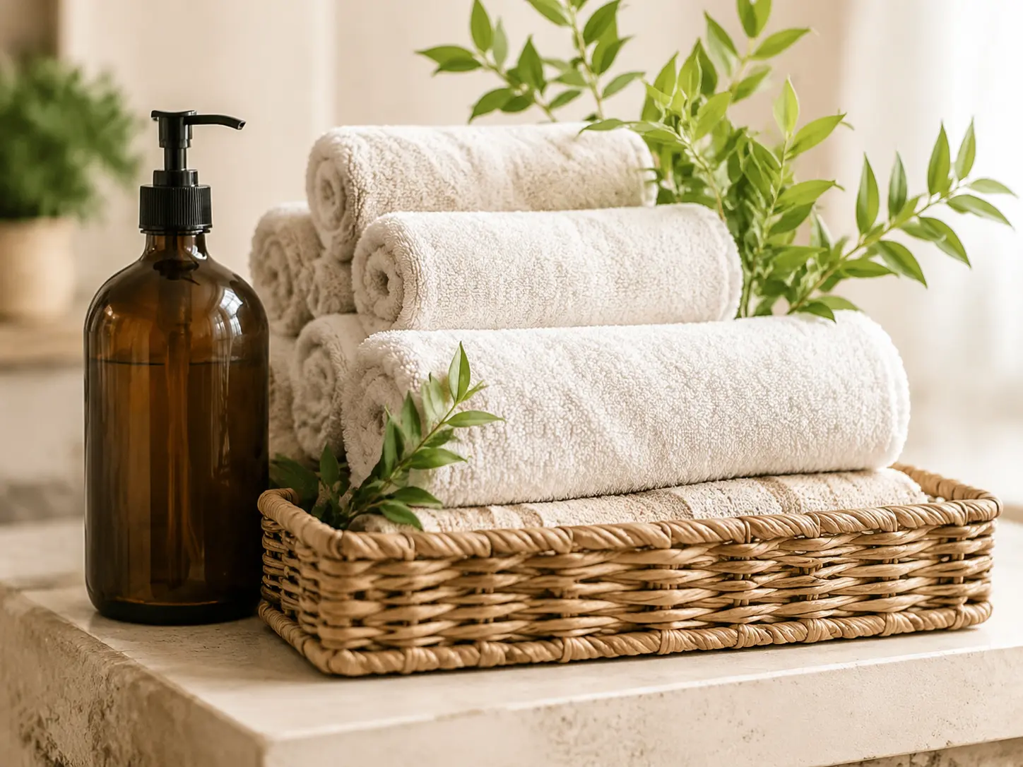Rolled ivory towels in a woven basket beside an amber soap bottle